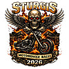 A high detail heavy metal illustration of a winged flaming skull and chopper with the text sturgis 2026 motorcycle rally png