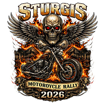 A high detail heavy metal illustration of a winged flaming skull and chopper with the text sturgis 2026 motorcycle rally png