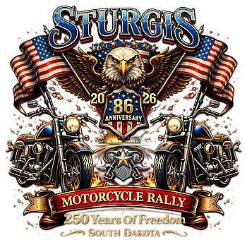 A highly detailed vintage patriotic biker illustration featuring an eagle, motorcycles, and flags with the text sturgis 2026 rally png