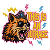 Epic This Is An Outrage Embroidery PNG faux stitched patch design featuring a screaming ginger cat wearing a tiara and sunglasses with retro lightning bolts, transparent background.