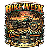 A high-quality Thunder Beach Bike Week 2026 PNG featuring a vintage motorcycle on a tropical Florida beach at sunset