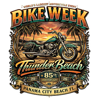 A high-quality Thunder Beach Bike Week 2026 PNG featuring a vintage motorcycle on a tropical Florida beach at sunset