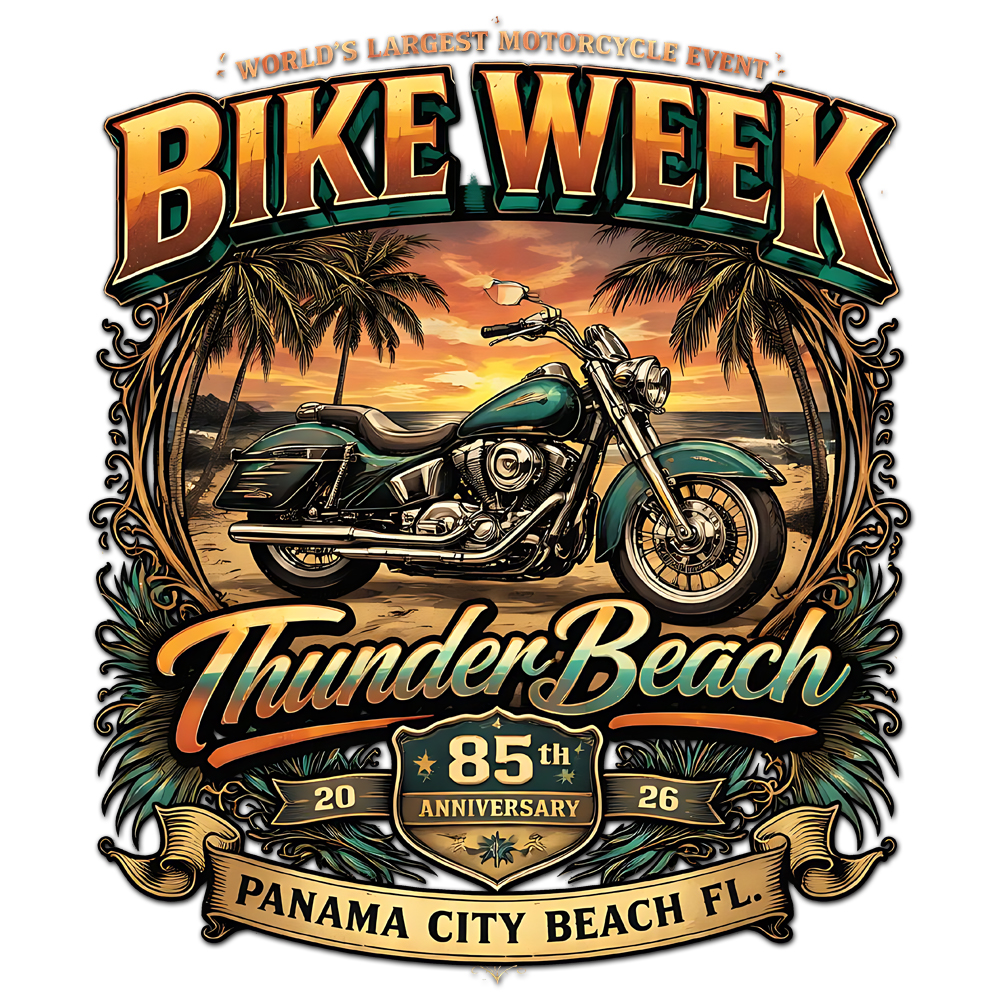 A high-quality Thunder Beach Bike Week 2026 PNG featuring a vintage motorcycle on a tropical Florida beach at sunset