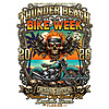 A high-quality Thunder Beach Bike Week 2026 PNG featuring a flaming skull, teal motorcycle, and tropical Florida sunset.