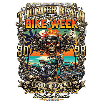 A high-quality Thunder Beach Bike Week 2026 PNG featuring a flaming skull, teal motorcycle, and tropical Florida sunset.