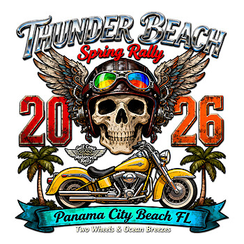 High-resolution Thunder Beach Spring Rally 2026 PNG featuring a winged skull, yellow motorcycle, and tropical Panama City Beach elements.