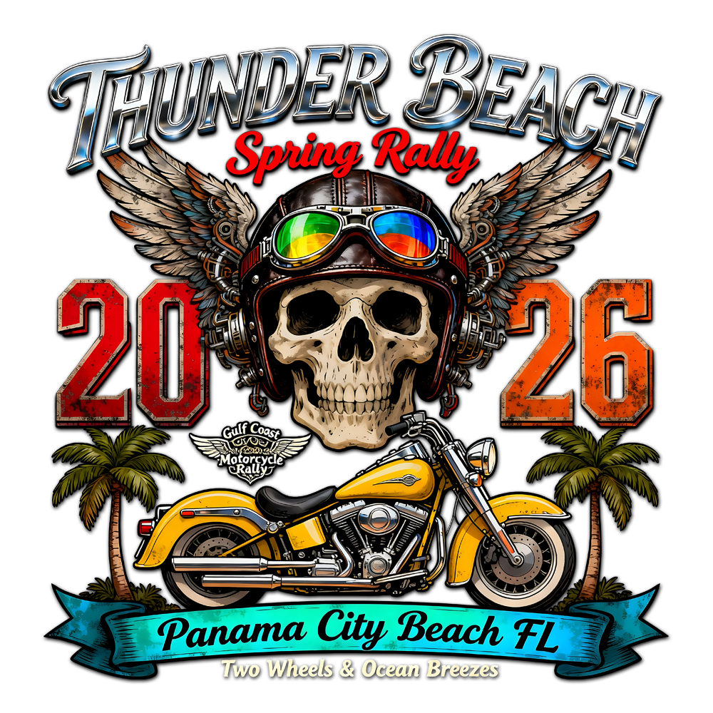 High-resolution Thunder Beach Spring Rally 2026 PNG featuring a winged skull, yellow motorcycle, and tropical Panama City Beach elements.