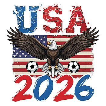 Epic USA 2026 Soccer Eagle PNG featuring a distressed American flag and patriotic sports graphics for POD sellers