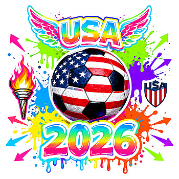 Vibrant USA 2026 Soccer Graffiti PNG featuring an American flag soccer ball with neon splatters and wings.