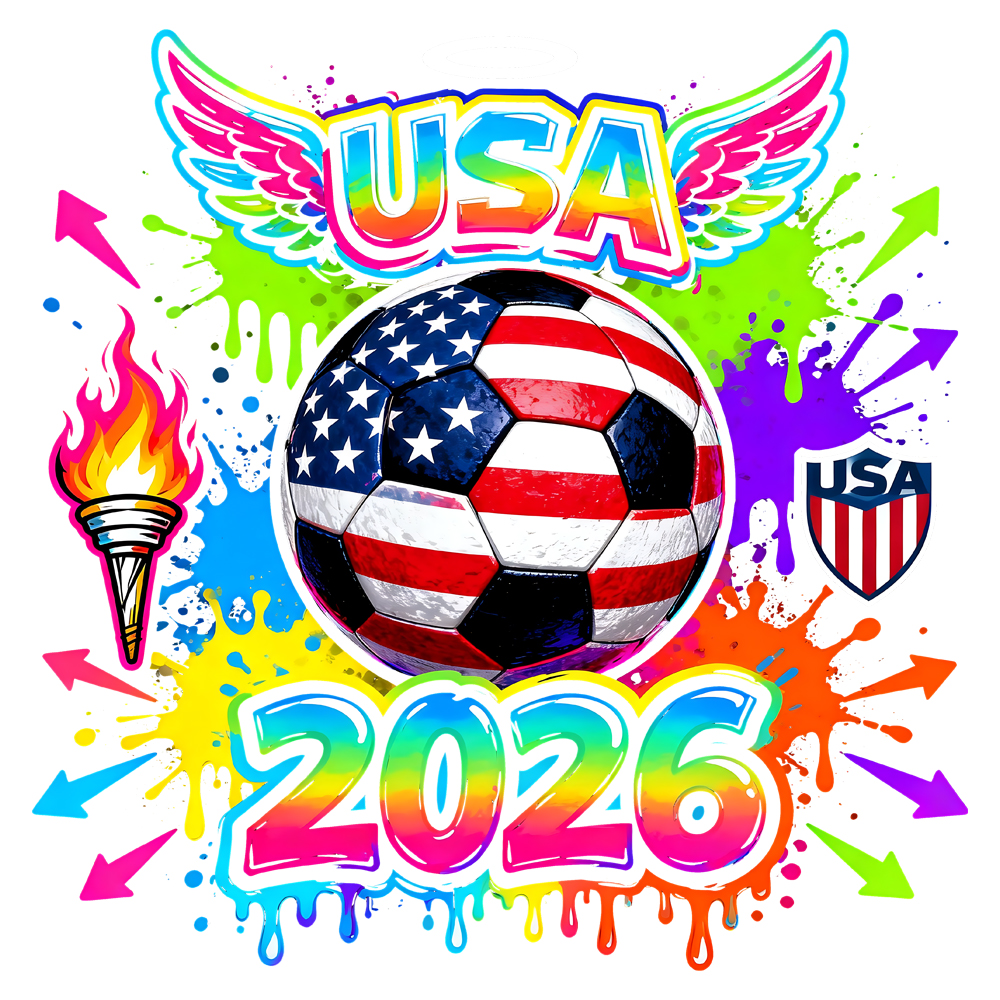 Vibrant USA 2026 Soccer Graffiti PNG featuring an American flag soccer ball with neon splatters and wings.