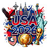 A vibrant USA 2026 Soccer Trophy Splash PNG featuring American landmarks, an eagle, and a golden cup