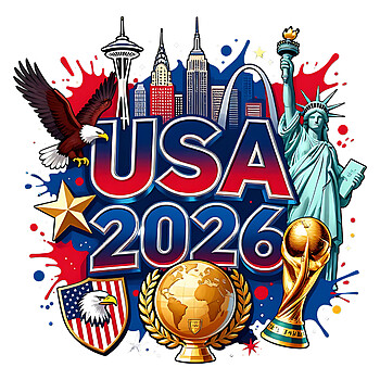 A vibrant USA 2026 Soccer Trophy Splash PNG featuring American landmarks, an eagle, and a golden cup