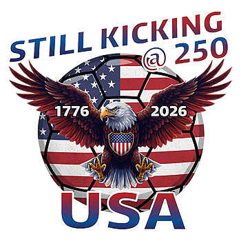 USA 250th Anniversary PNG featuring a patriotic bald eagle and soccer ball design for 2026