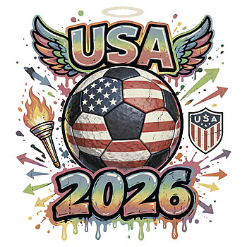 Epic USA Soccer 2026 PNG featuring a patriotic soccer ball with retro graffiti paint drips for POD sellers