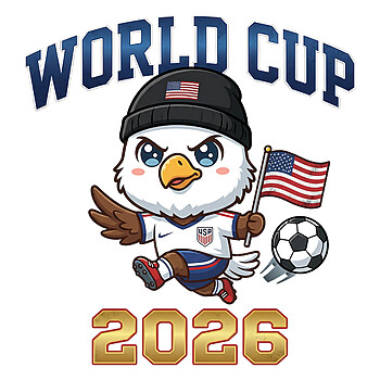 Cute eagle mascot kicking a soccer ball in this USA World Cup 2026 PNG for patriotic apparel