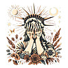 A vintage engraving style weeping lady liberty png surrounded by celestial bodies and botanical elements