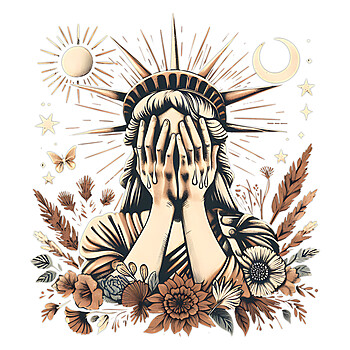 A vintage engraving style weeping lady liberty png surrounded by celestial bodies and botanical elements