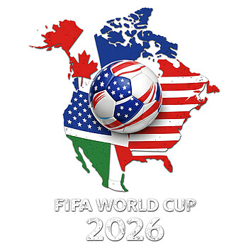 A distressed graphic of the World Cup 2026 North America Map PNG featuring flags of Canada, USA, and Mexico with a soccer ball