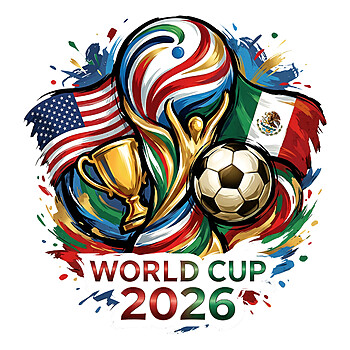A vibrant World Cup 2026 Splash Art PNG featuring a soccer trophy, USA and Mexico flags, and colorful paint splatters