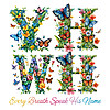 Watercolor yhwh floral butterfly png design featuring vivid botanical letters and the quote Every Breath Speak His Name