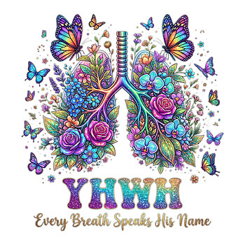 A luminous and iridescent yhwh glitter floral lungs png featuring glowing orchids and colorful butterflies for spiritual crafting
