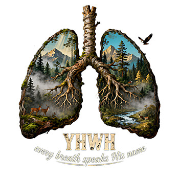Rustic yhwh nature lungs png featuring a detailed mountain forest landscape and wild deer for outdoor spiritual apparel.