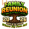 A colorful and nostalgic 90s family reunion 2026 png featuring neon dripping text, retro party snacks, and sunglasses on a black background.