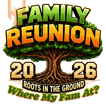 A colorful and nostalgic 90s family reunion 2026 png featuring neon dripping text, retro party snacks, and sunglasses on a black background.