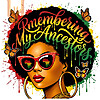 A vivid remembering my ancestors png featuring a beautiful Black woman with an afro, red glasses reflecting the African continent, and vibrant paint splatters.
