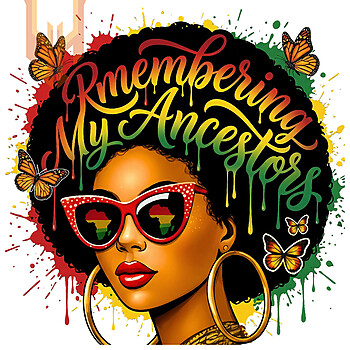 A vivid remembering my ancestors png featuring a beautiful Black woman with an afro, red glasses reflecting the African continent, and vibrant paint splatters.