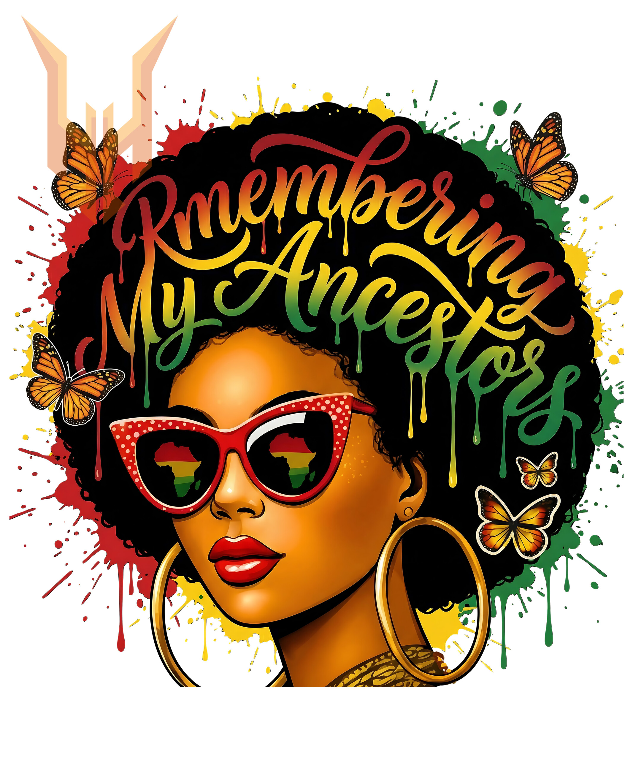 A vivid remembering my ancestors png featuring a beautiful Black woman with an afro, red glasses reflecting the African continent, and vibrant paint splatters.