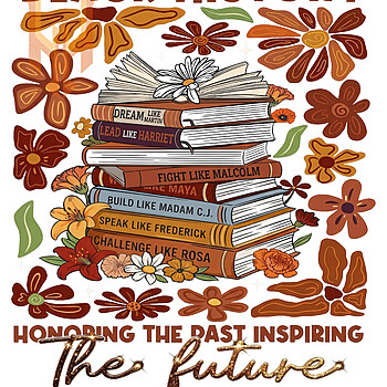 A beautiful vintage illustration featuring retro flowers and civil rights leaders' names for this black history book stack png design.