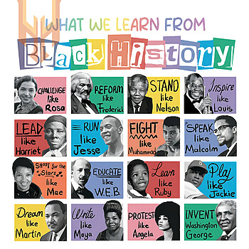 A vibrant 90s vintage grid collage t-shirt design featuring inspiring quotes for the ultimate black history heroes png download.