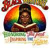 A vibrant vintage illustration of a beautiful Afro woman reading a book against a colorful sunset, featuring the empowering quote for this black history honoring the past png design.
