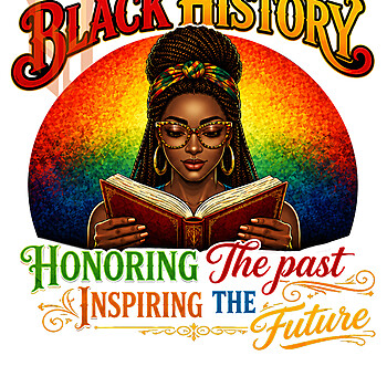 A vibrant vintage illustration of a beautiful Afro woman reading a book against a colorful sunset, featuring the empowering quote for this black history honoring the past png design.