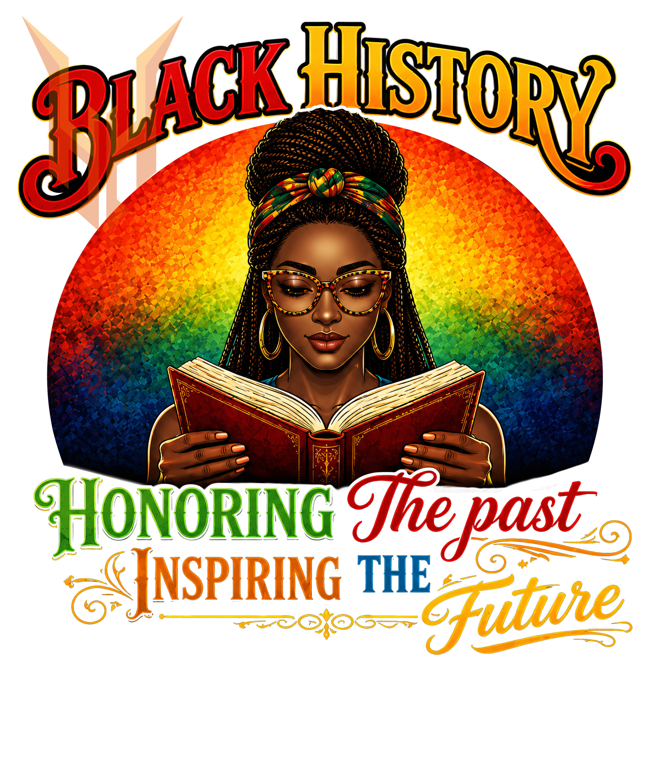A vibrant vintage illustration of a beautiful Afro woman reading a book against a colorful sunset, featuring the empowering quote for this black history honoring the past png design.