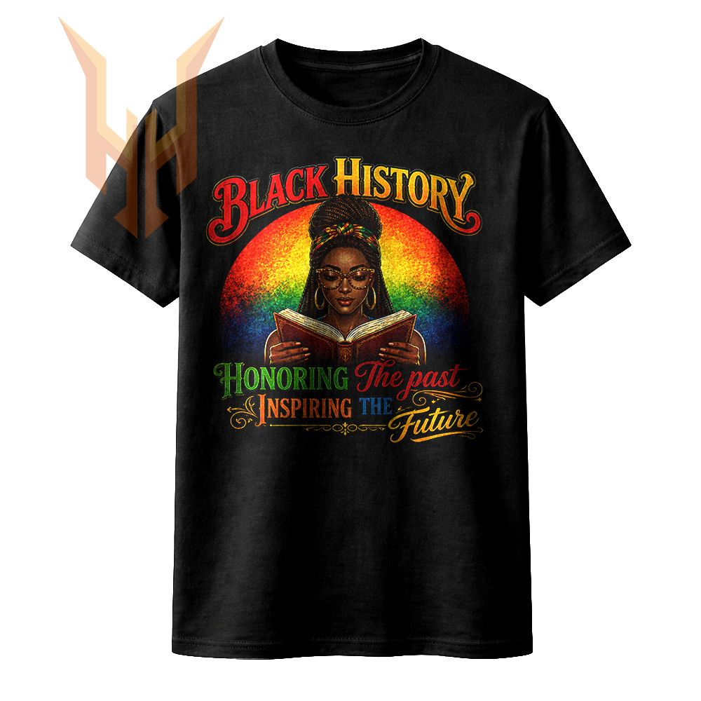 A vibrant vintage illustration of a beautiful Afro woman reading a book against a colorful sunset, featuring the empowering quote for this black history honoring the past png design.