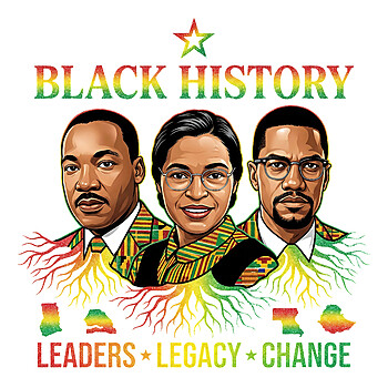 A powerful black history leaders png featuring Martin Luther King Jr., Rosa Parks, and Malcolm X with roots extending into Pan-African colored maps.