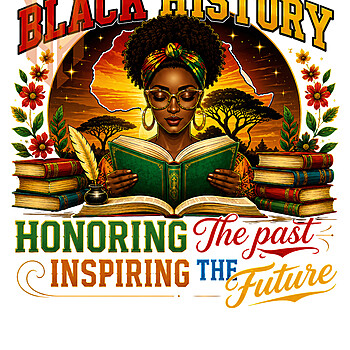 A beautiful vintage illustration of an Afrocentric woman reading a book against an African sunset landscape, featured in this stunning black history reading png design