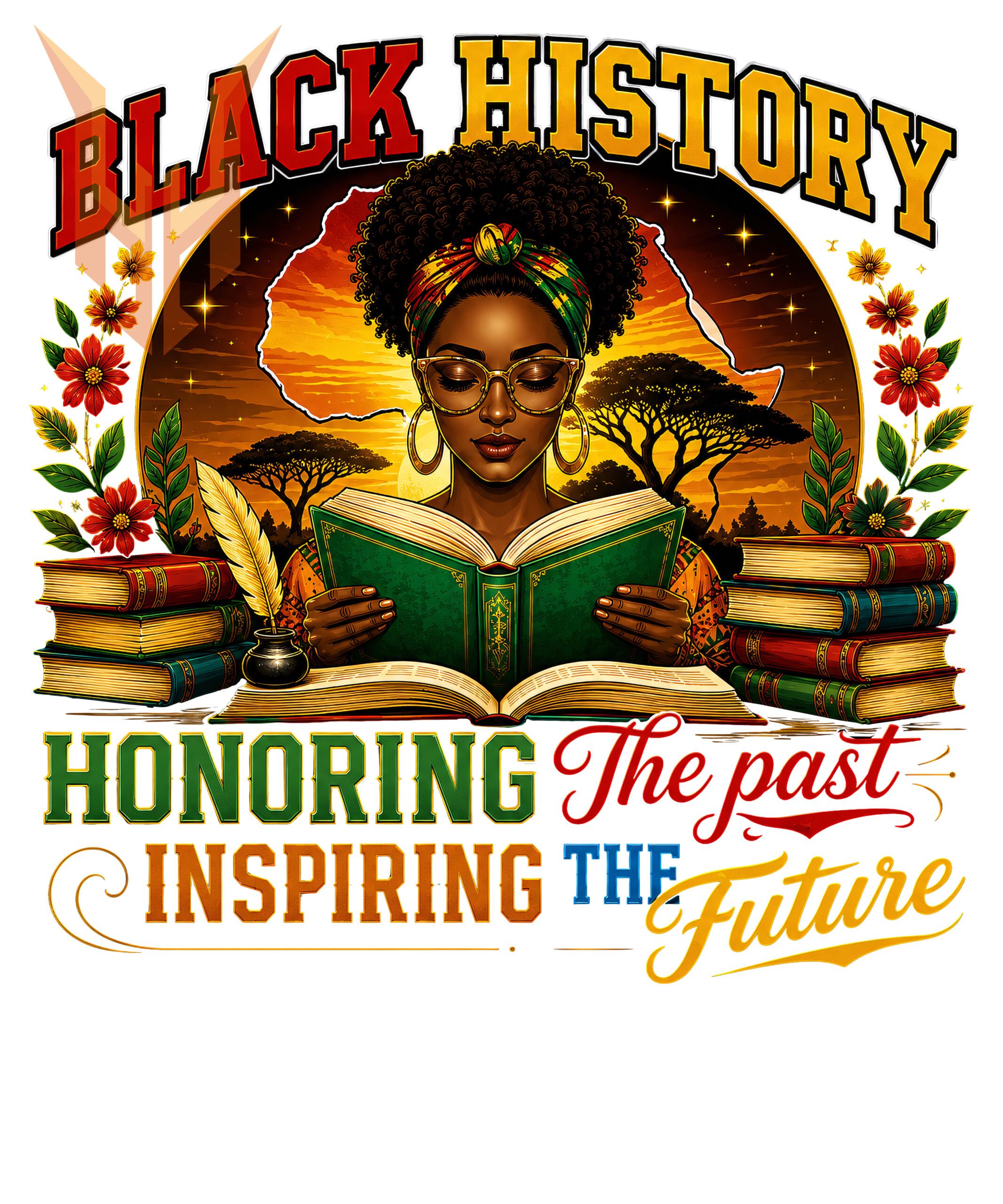 A beautiful vintage illustration of an Afrocentric woman reading a book against an African sunset landscape, featured in this stunning black history reading png design