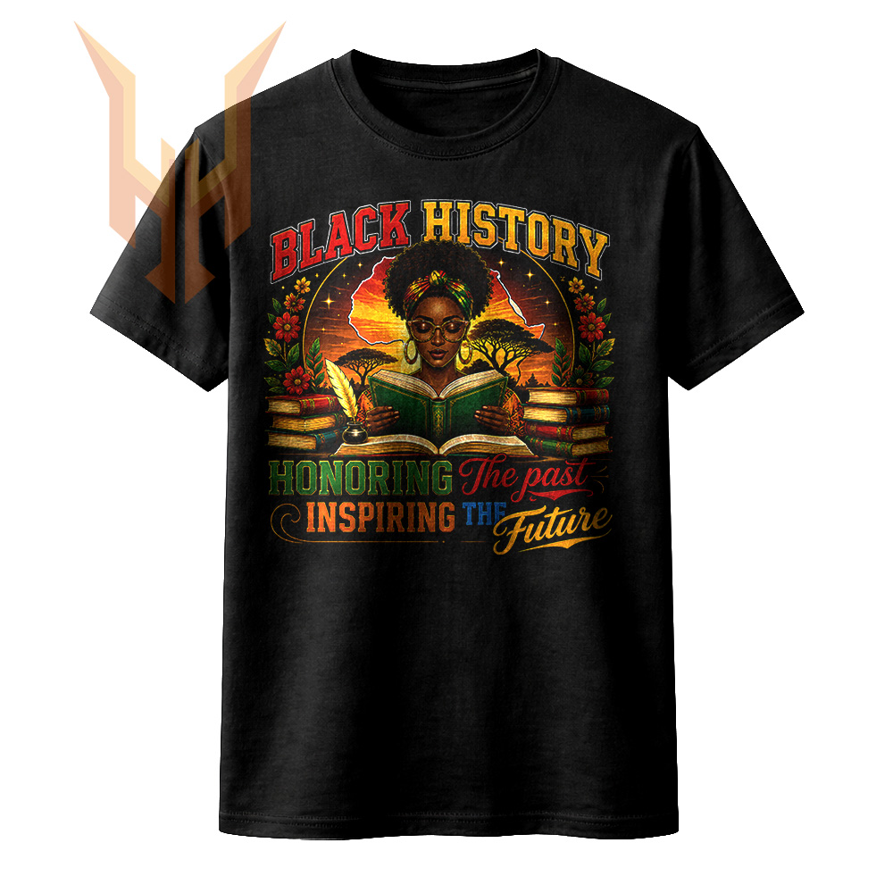 A beautiful vintage illustration of an Afrocentric woman reading a book against an African sunset landscape, featured in this stunning black history reading png design