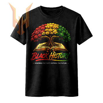 A glowing digital illustration of a majestic tree with red, gold, and green leaves growing from an open book, representing this black history tree of life png design.