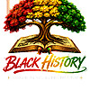 A glowing digital illustration of a majestic tree with red, gold, and green leaves growing from an open book, representing this black history tree of life png design.