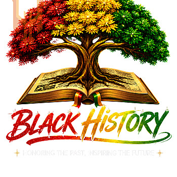 A glowing digital illustration of a majestic tree with red, gold, and green leaves growing from an open book, representing this black history tree of life png design.