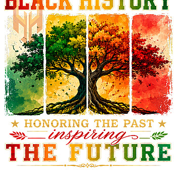 A beautifully distressed vintage graphic of deeply rooted branches across four colorful retro panels, celebrating heritage in this stunning black history tree png design.