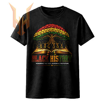 A glowing digital illustration of people holding hands under a Pan-African colored tree growing from a book, perfectly representing this black history unity tree png design.
