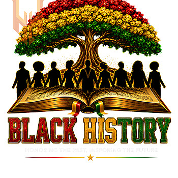A glowing digital illustration of people holding hands under a Pan-African colored tree growing from a book, perfectly representing this black history unity tree png design.