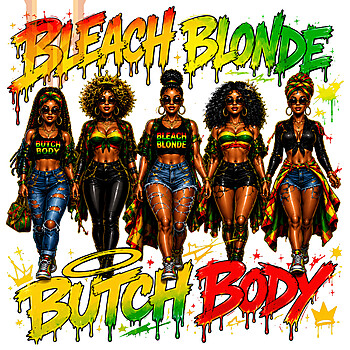 A vibrant 90s bootleg style t-shirt design featuring stylish women for your next bleach blonde butch body png creative project.