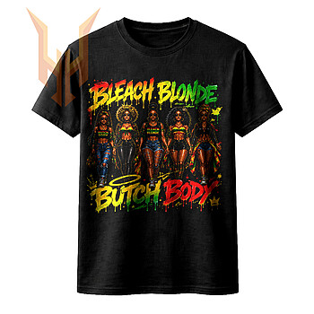 A vibrant 90s bootleg style t-shirt design featuring stylish women for your next bleach blonde butch body png creative project.
