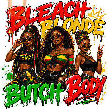 A vibrant 90s style graphic design featuring stylish figures for your ultimate bleach blonde butch body png creative project.